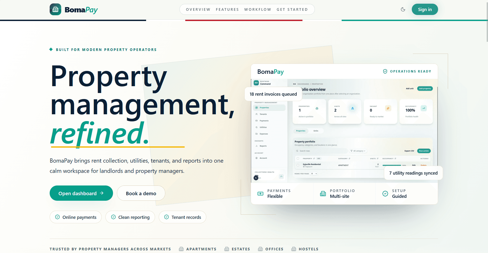Actual BomaPay website homepage showing its branding, headline and product interface