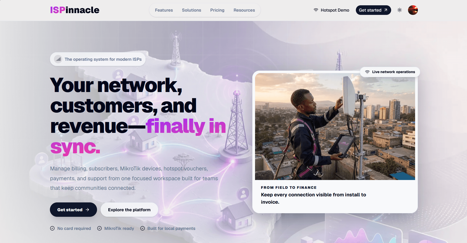 Actual ISPinnacle website homepage showing its branding, headline and product interface