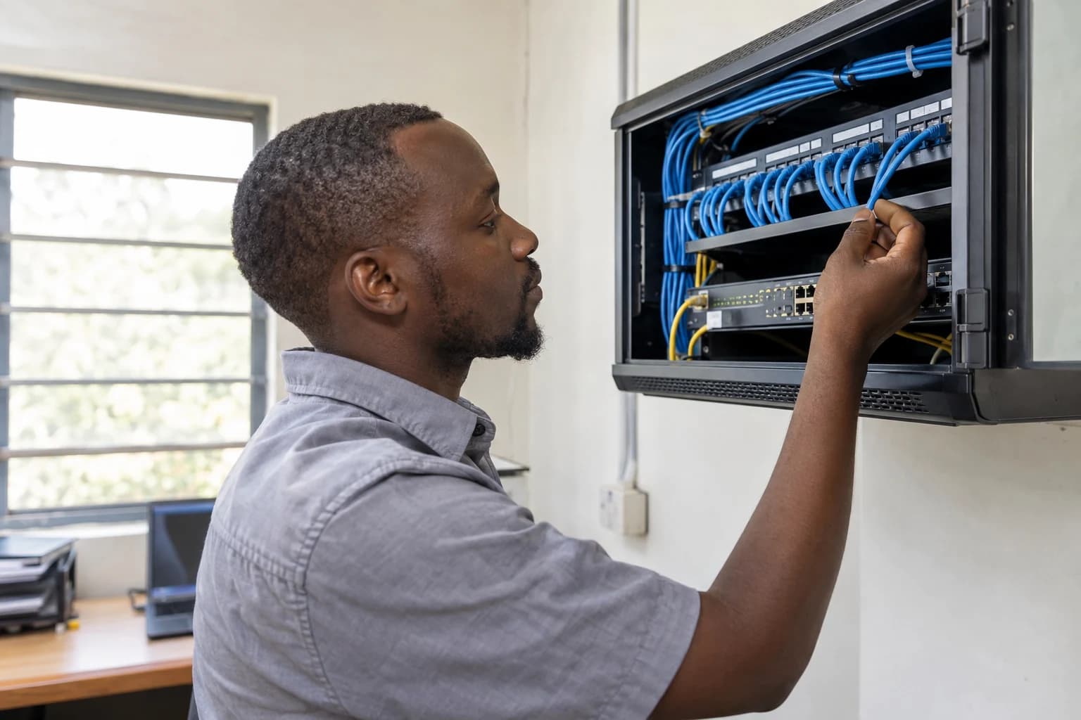 Generated scene of a network technician inspecting a patch cable in an office cabinet
