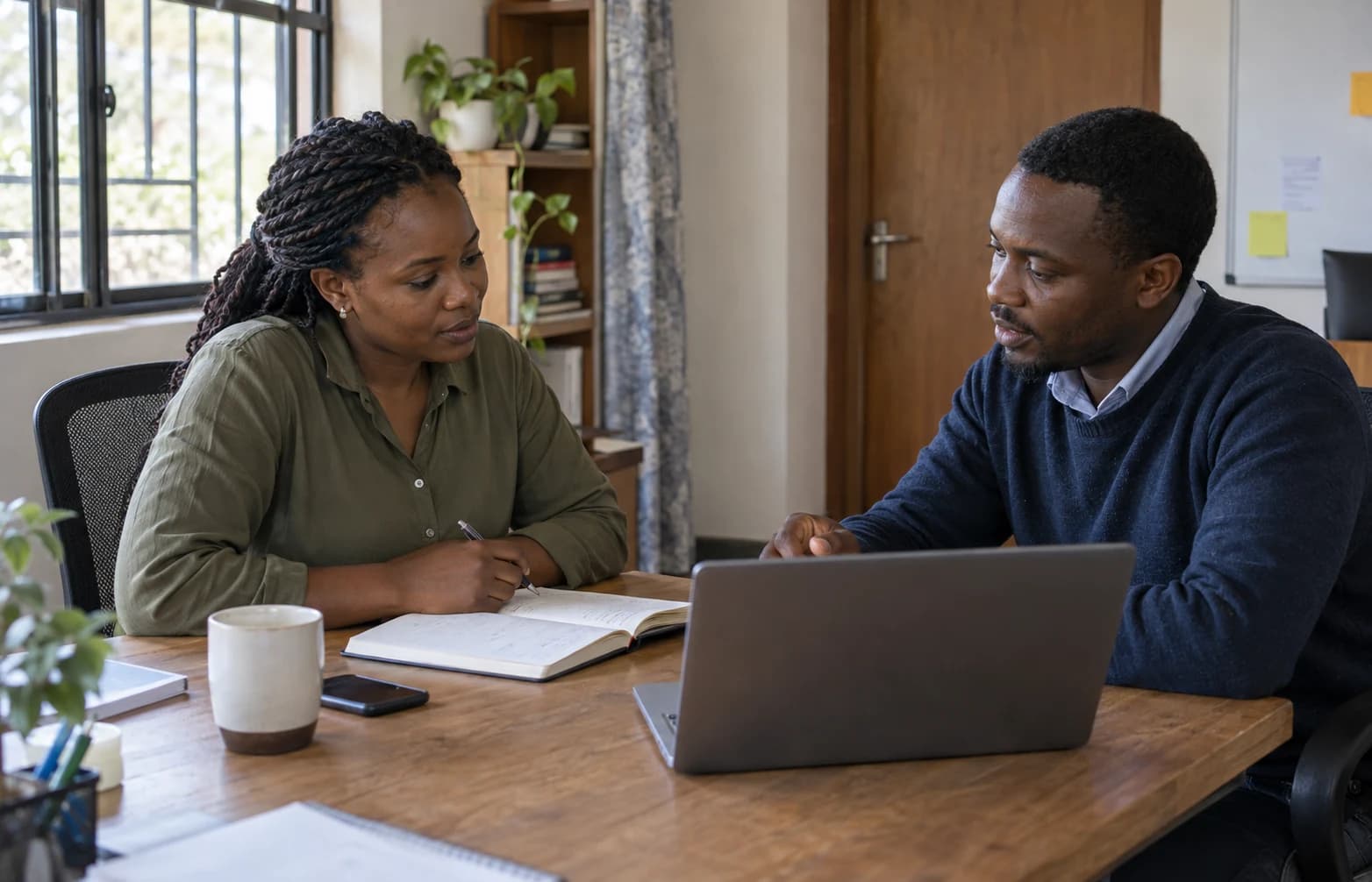 Generated scene of a business owner and consultant discussing a project